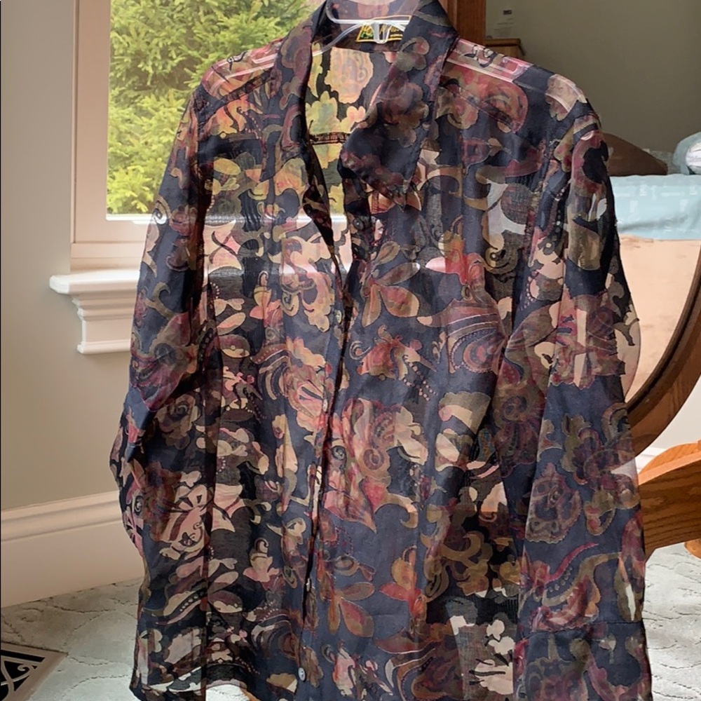 Vintage Mirasol Plus Size Burnout Cover-up Shirt 3/4 Sleeve Floral Print